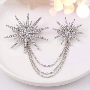 NWT Elegant Silver Starburst Chain Brooch Eight-Pointed Star Shape Diamond